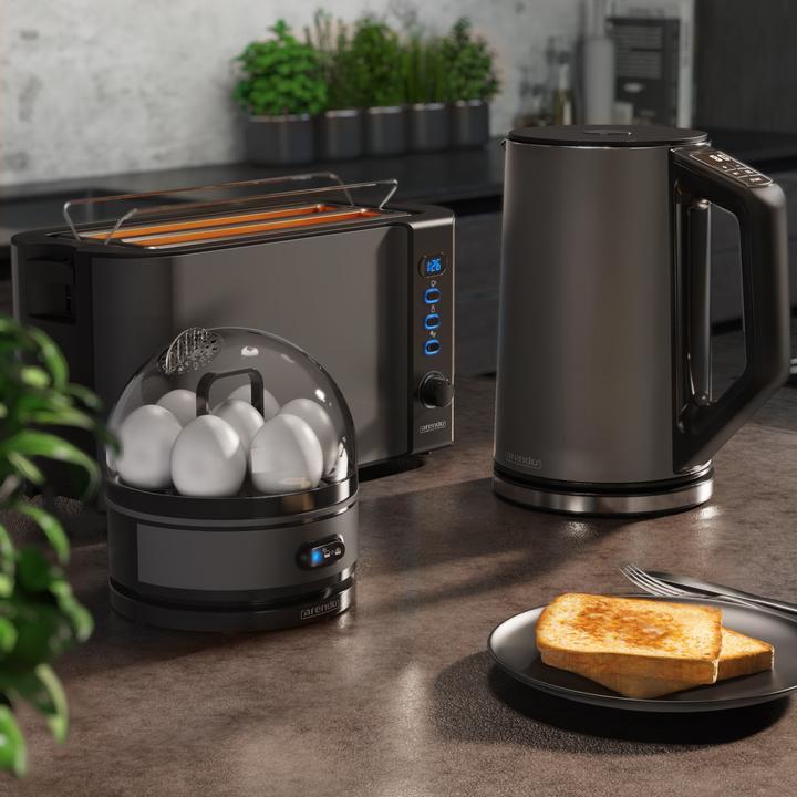 Produktbild Arendo Frühstücks Set, Wasserkocher 1,5l Temperaturwahl, 4 Scheiben Toaster & Eierkocher für 7 Eier, Grau (1.50 l)