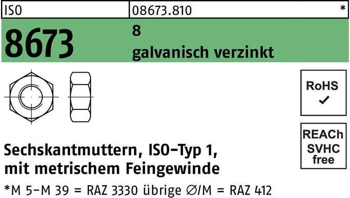 Produktbild Sechskantmutter ISO 8673 M 27 x 2 8 galvanisch verzinkt (M27)