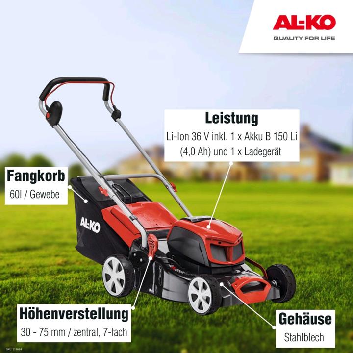 Produktbild AL-KO Akku-Rasenmäher 42.9 Li 36 V (Li-Ion Akku 40 V / 4 Ah, 42 cm Schnittbreite, Stahlblechgehäu... (Akkubetrieb)
