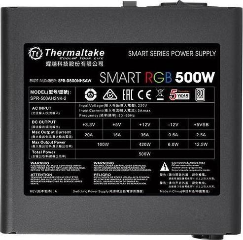 Produktbild Thermaltake Smart 500W RGB Netzteil (80+ 230V EU, 2xPEG, 120mm, Single Rail) (500 W)