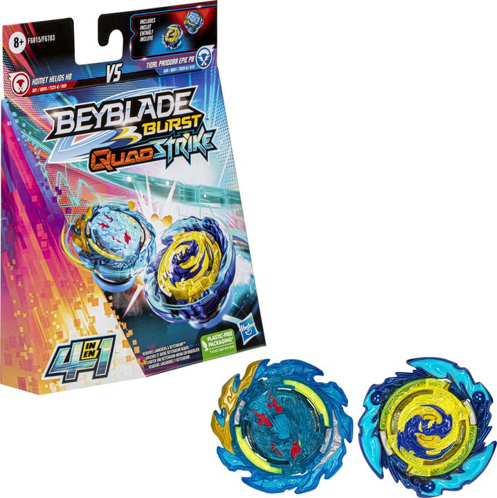 Actual product image Hasbro Beyblade Burst QuadStrike Comet Helios H8 and Tidal Pandora Epic P8 Spinning Top Twin Pack, Battle
