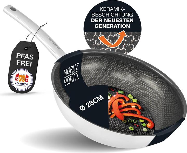 Moritz & Moritz Edelstahlpfanne Wabenstruktur 28cm mit Keramikbeschichtung der neuesten Generation (Pfannenset + Topfset, Edelstahl)