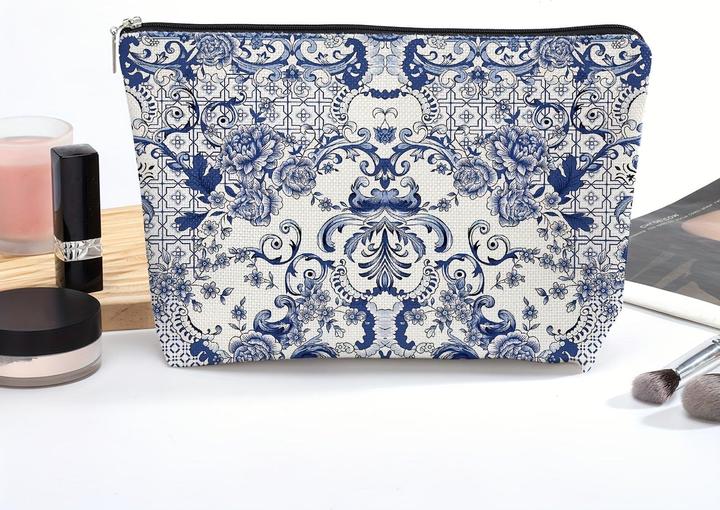 Only-Bags.Store Chic Blau & Weiss Porzellan Floral Kosmetiktasche für Frauen - wasserdicht, grosse Kapazität