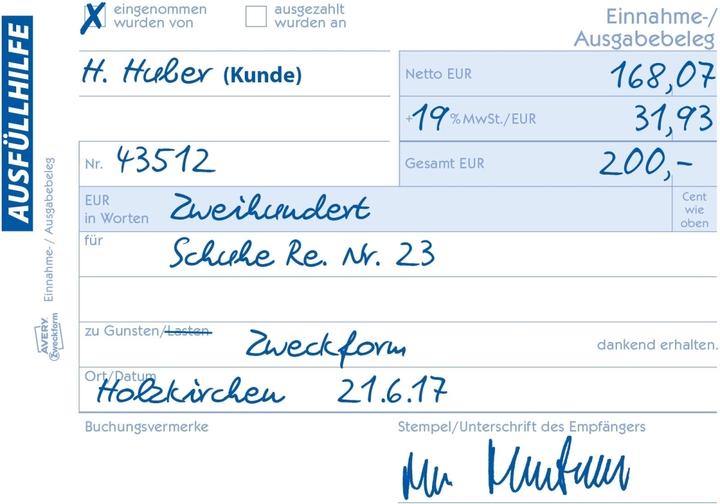 Nährwerte und Zutaten Avery Einnahme-/Ausgabebeleg (50 x)