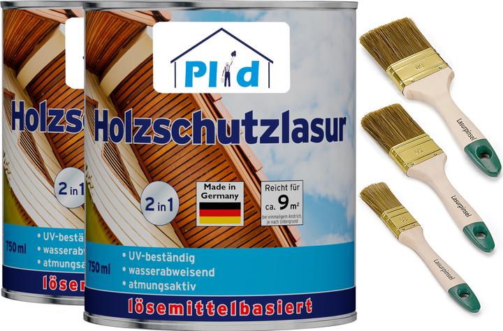 Plid Holzlasur 1,5l für ca. 16m² + Lasurpinselset 3-tlg. / Holzschutzlasur