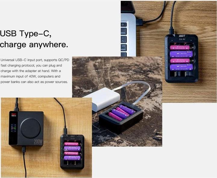 Actual product image Isdt Charger C4 Air USB-C, for NiMH & Li-ion (1 pcs., 10440, 10500, 12500, 13500, 14500, 14650, 16650, 17650, 17670, 18650, 18700, 20700, 21700, 22650, 26650, AAA, AA, Battery + charger)