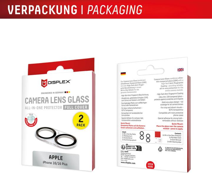 Image du produit Displex Full Cover Camera Lens Glass, Kamera Schutzglas, Platte, Doppelpack (2 pièce(s), Apple iPhone 16 Plus, Apple iPhone 16)
