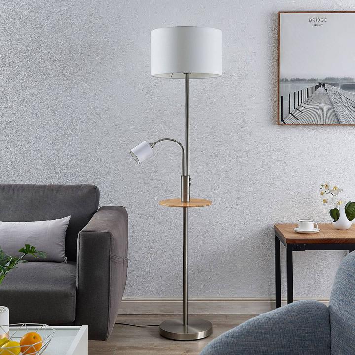 Produktbild Lindby Aovan Stehlampe mit Ablage und USB, nickel (E27)