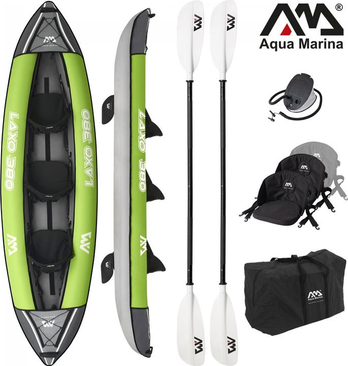 Aqua Marina Kajak 380x95 cm. für 3 Personen mit Luftsitz verstellbarer Lehne Transporttasche Reparat (3 Pers.)