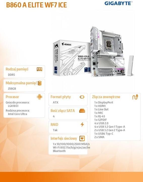 Produktbild Gigabyte B860 AORUS ELITE WIFI7 ICE (LGA 1851, Intel B860, ATX)
