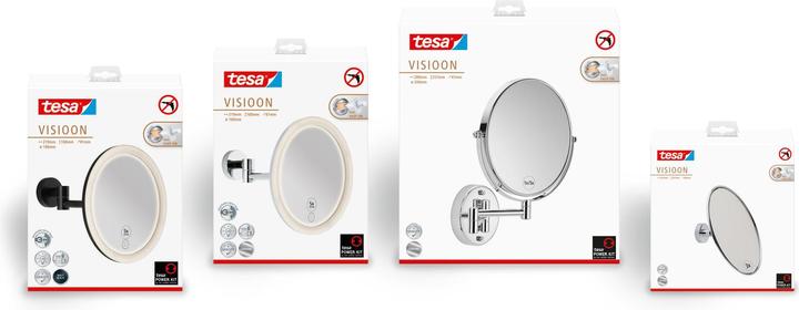 Produktbild tesa VISIOON LED-Kosmetikspiegel mit Beleuchtung, 5-fach-Vergröss. - Wandmontage ohne Bohren, Chrom (8 x 22 x 18 cm)