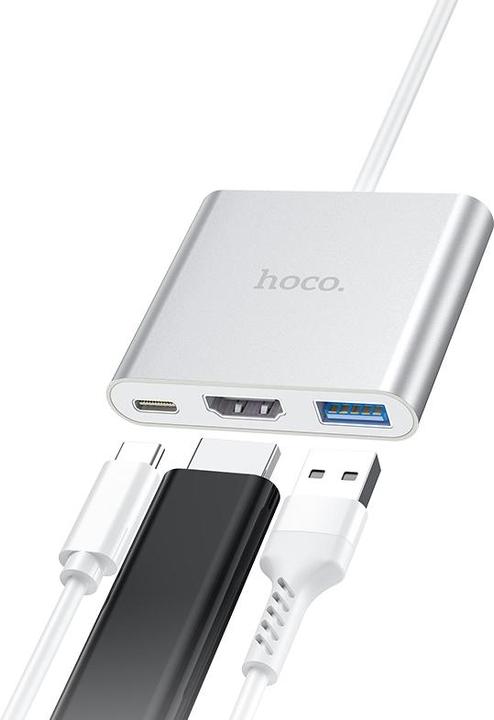Produktbild Hoco Adapteris HB14 Type-C to USB-A+HDMI+Type-C sidabrinis (USB-C, 3 Ports)
