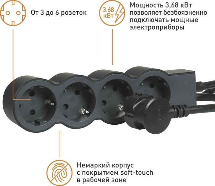 Actual product image Legrand Flat socket strip 4x socket, 3 metre cable Black 694562 (4 x, 3 m)