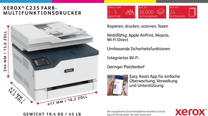 Actual product image Xerox C235 copie/impression/numérisation/télécopie sans fil A4, 22 ppm, PS3 PCL5e/6, chargeur automa (Laser, Colour)