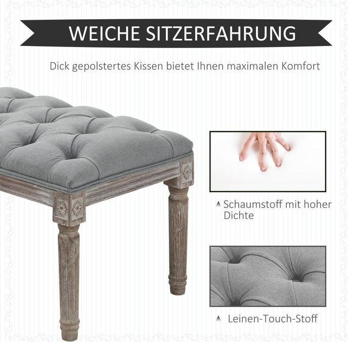 Produktbild Swisshandel24 Polsterbank Grau Sitzbank Vintage Bettbank mit Knöpfen Gummiholz Leinen 142 x 47 x 51 cm (81 cm)