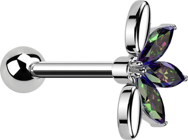 Star Piercing Micro Barbell silber mit Kugel und Fächer silber drei ovale Kristalle dunkel multicolor (Chirurgenstahl 316L, Messing)