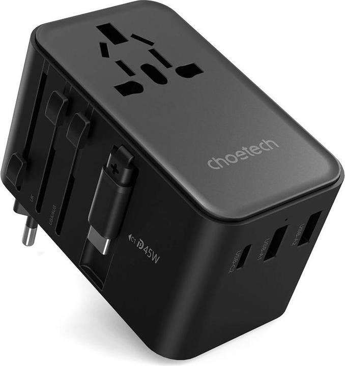 Choetech PD5021 Adaptateur de voyage UE/US/AUS/UK 45W avec câble USB-C intégré - Noir