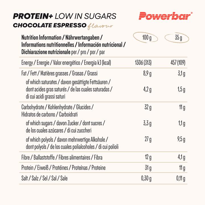 Nährwerte und Zutaten Powerbar Protein Plus Low Sugar (Schokolade, Espresso, 16 Stk., 560 g)