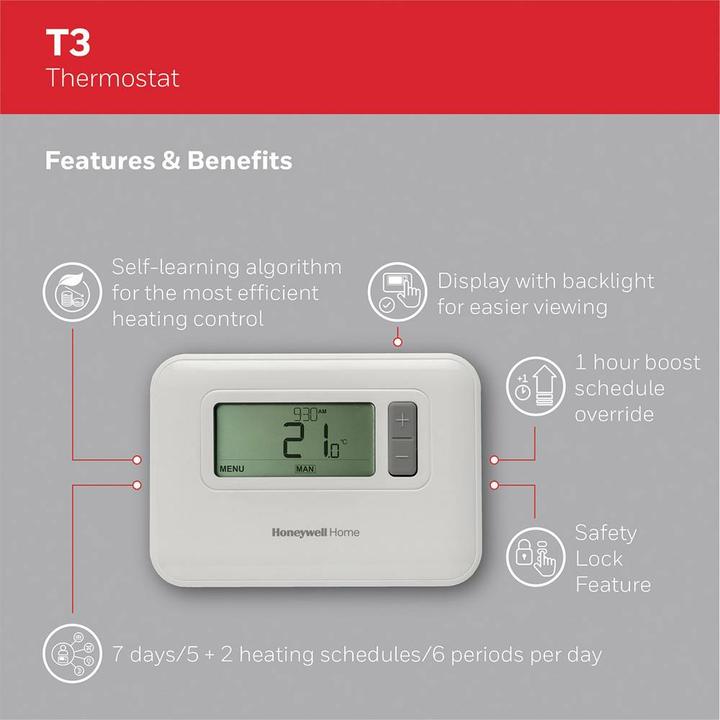 Productafbeelding Honeywell Kamerthermostaat T3 7 dagen stat, programmeerbaar, bedraad