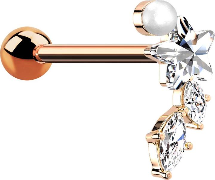 Star Piercing Micro Barbell rosegold Perle Kristallstern und zwei Kristalltropfen (Chirurgenstahl 316L, Messing)