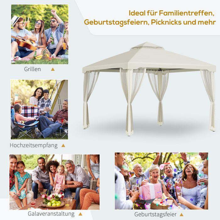 Produktbild Swisshandel24 Gartenpavillon mit 4x Seitenwand wetterfest Metall + Polyester Cremeweiss 3 x 3 x 2,6 m (294 cm, 294 cm)