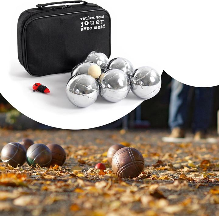 Immagine prodotto Toboli Set 6 palle da bocce in metallo con cricchetto e misuratore di distanza, bocce, gioco per tutta la (6 x, 73 mm)
