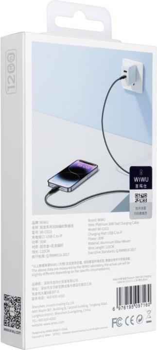 Produktbild Wiwu Cable - Platinum Series Data Cable Wi-C013 USB C to Lightning 30W 1,2m - black (1.20 m, 30 W)