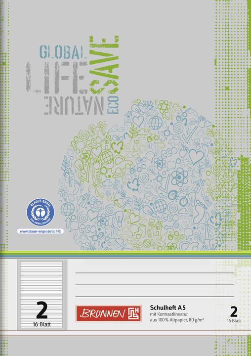 Produktbild Schulheft Recycling Lineatur 2 liniert DIN A5 ohne Rand, 16 Blatt (A5, Speziallineatur, Harter Einband)