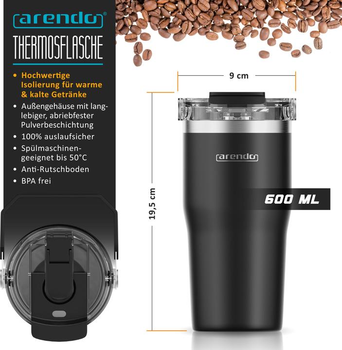 Produktbild Arendo Thermobecher 600 ml, Thermal Mug, Kaffee to go Becher mit Deckel aus Edelstahl 0,6 L, auslaufsicher (0.60 l)