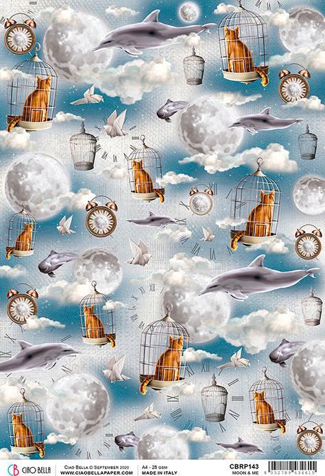 Actual product image Ciao Bella Motif straw silk Moon & Me "In the clouds", approx. 30 x 21.5 cm (28 g/m², 1 x)
