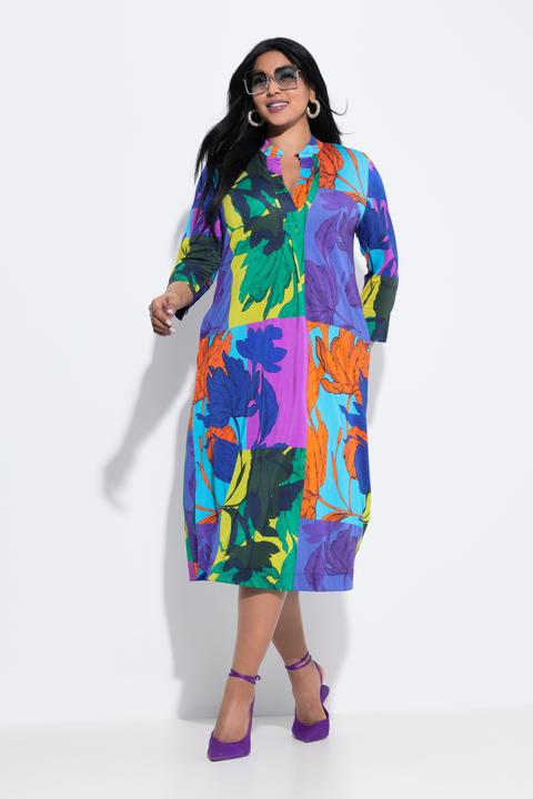 Produktbild Ulla Popken Slinky-Midikleid, Blätter, Stehkragen, 3/4-Arm (56)