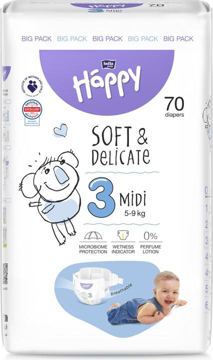happy Baby Midi 3 5-9kg Babywindeln, 70 Stück (Taille 3, 70 pièce(s))