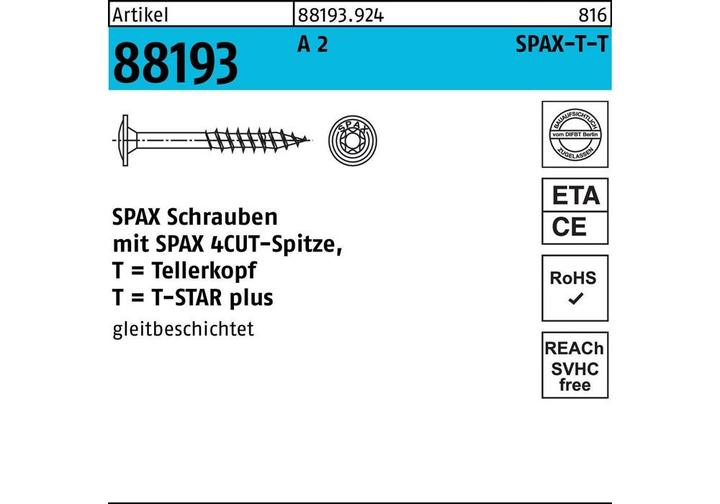 Actual product image Spax Plate head screw R 88193 w.point/T-STAR TG 8 x 50/46-T40 A 2 (50 Screws per piece)