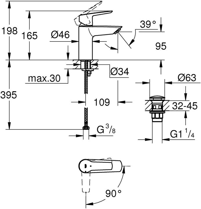 Produktbild Grohe Start QuickFix Lavaboarmatur, Mittelstellung kalt, Push-Open Ablauf, S-Size, Chrom