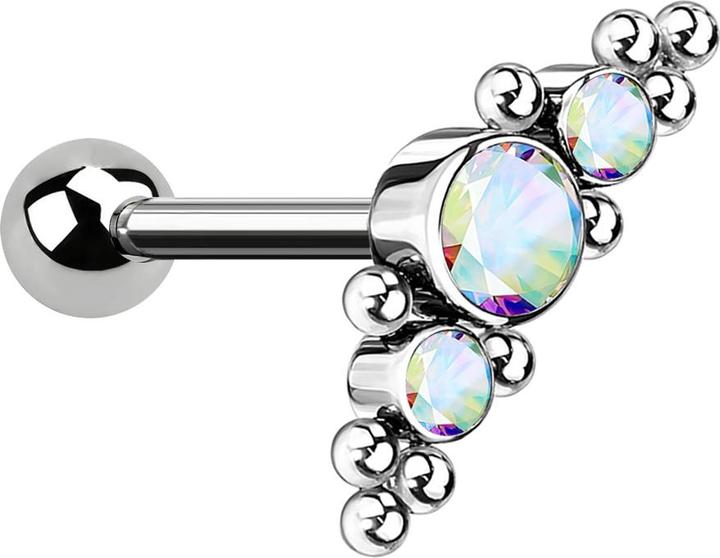Actual product image Star Piercing Micro Threadless Barbell silber mit Kugel und mittig mit Kugeln und drei Kristallen multicolor (without brass, Titanium G23)