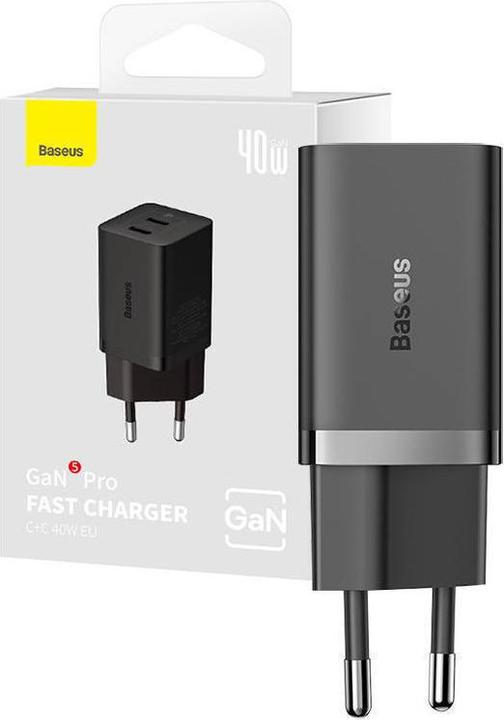 Actual product image Baseus Wall charger GaN5 40W, 2x USB C (Black) (40 W)