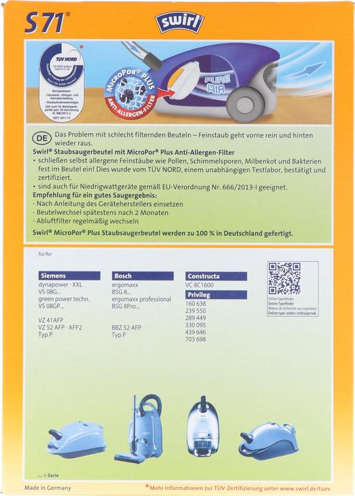Produktbild Swirl Staubsaugerbeutel S71 MicroPor Plus für Siemens und Bosch Staubsauger