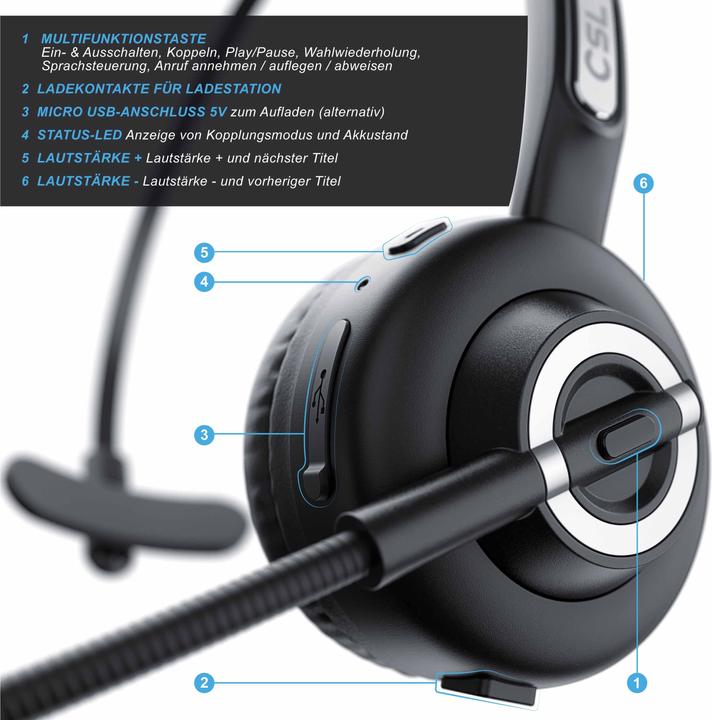 Produktbild CSL Kabelloses Headset mit Ladestation, Wireless Mono Headset, flexibles Mikrofon, Rauschunterdrückung (Kabellos)