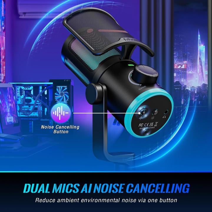 Actual product image Fifine AM6 Gaming condenser microphone with chat and gaming volume, RGB light ring, noise cancelling