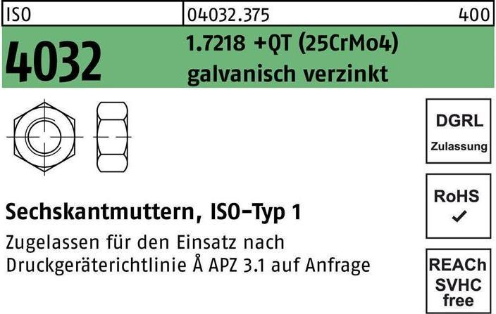 Image du produit Bufab Écrou hexagonal ISO 4032 M 20 1.7218 +QT (25CrMo4) électro-galvanisé (M20)