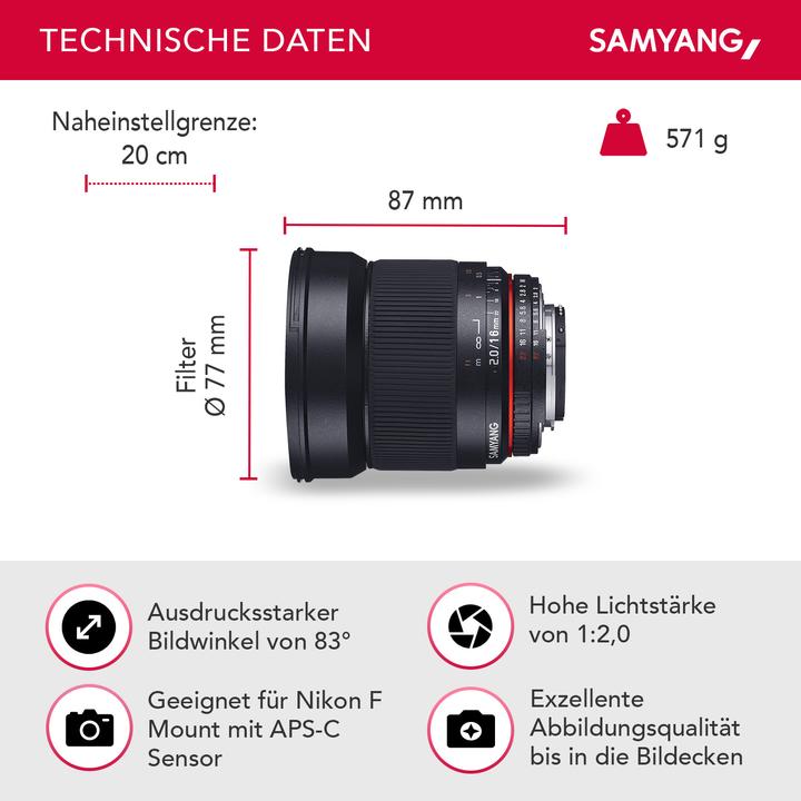 Produktbild Samyang 16mm f/2 ED AS UMC CS - Nikon F (Nikon DX, Nikon F, APS-C / DX)