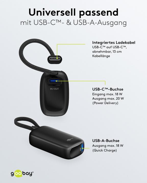 Image du produit Goobay Powerbank 5.000 mAh mit integriertem USB-C-Kabel (5000 mAh, 15 W, 15 Wh)