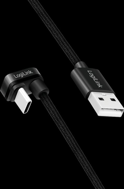 Produktbild LogiLink USB 2.0 Type-C-Kabel, C/M 180° zu USB-A/M, Alu, schwarz, 2 m (2 m, USB 2.0, 20 W)