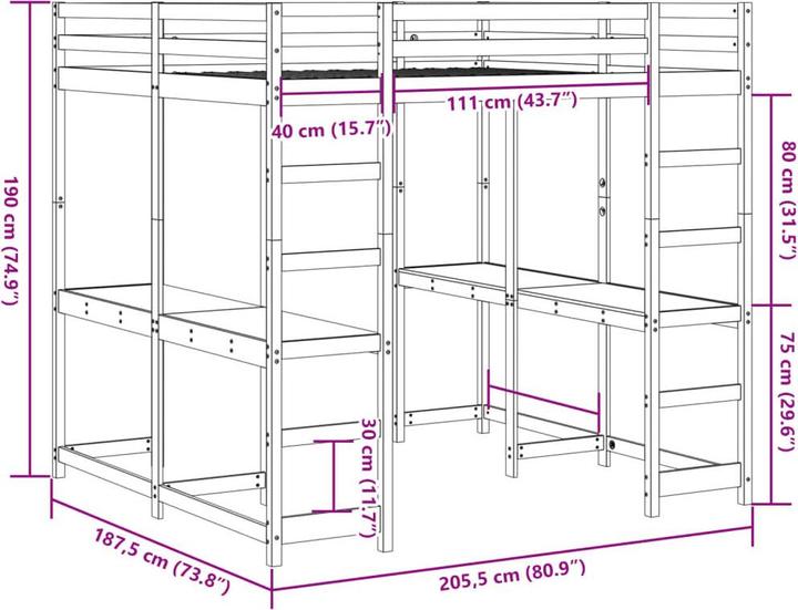 Produktbild VidaXL Hochbett mit Schreibtisch & Leiter (180 x 200 cm)