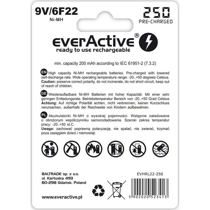 Energy Label Everactive Rechargeable 6F22 9V 250 mAh (1 pcs., 9V Block, 250 mAh)