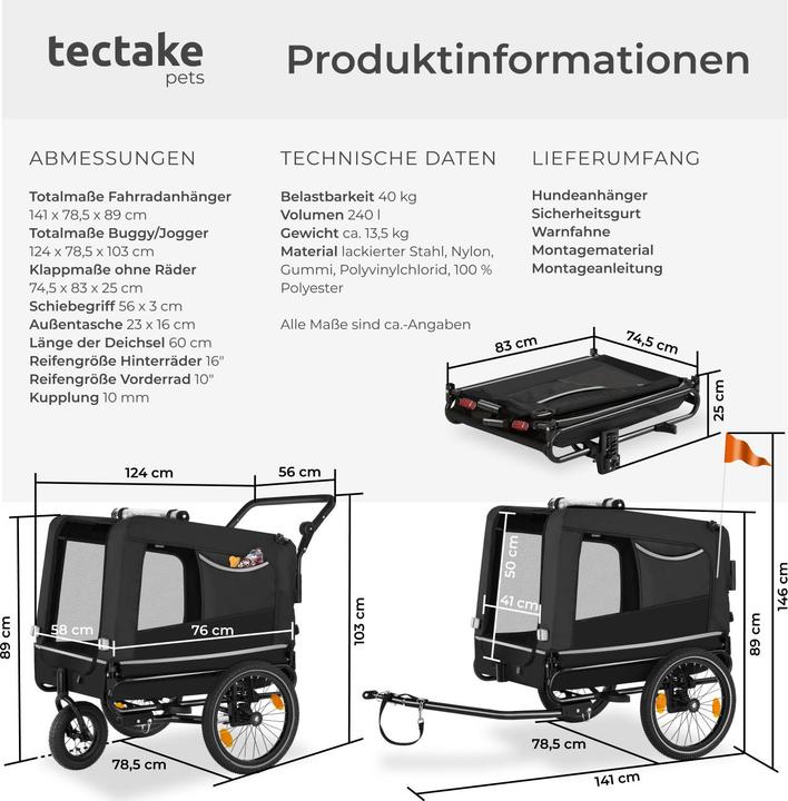 Produktbild tectake Hundeanhänger WoofRider multifunktional, faltbar, bis 40kg