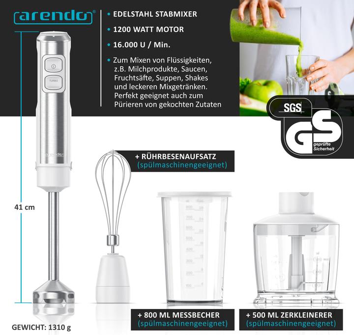 Produktbild Arendo Stabmixer 1200W weiß, Edelstahlmixer-Set inkl. Messbecher, Zerkleinerer, Schneebesen, Gleichstrommot