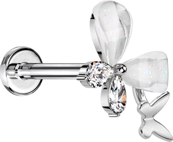 Actual product image Star Piercing Micro Threadless Labret silber zwei Schmetterlinge silber Kristalle silber (Surgical steel 316L, Brass)