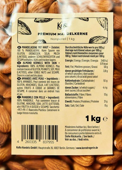 Nährwerte und Zutaten KoRo Mandelkerne mit Haut (1000 g)