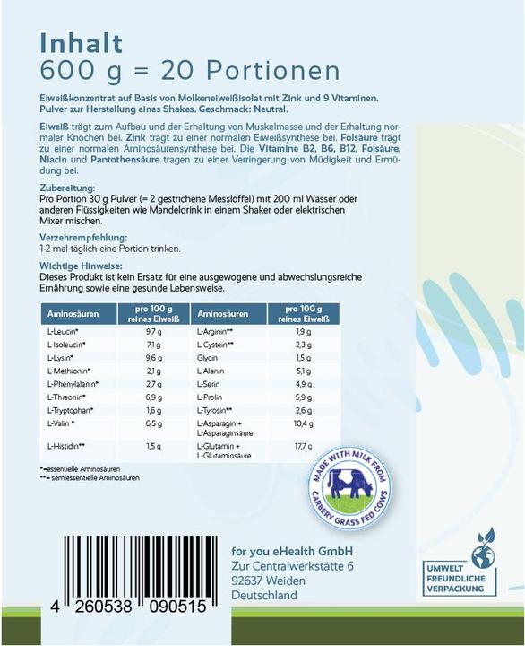 Nährwerte und Zutaten For You Whey Protein Isolate (Neutral, 1 Stk., 600 g)